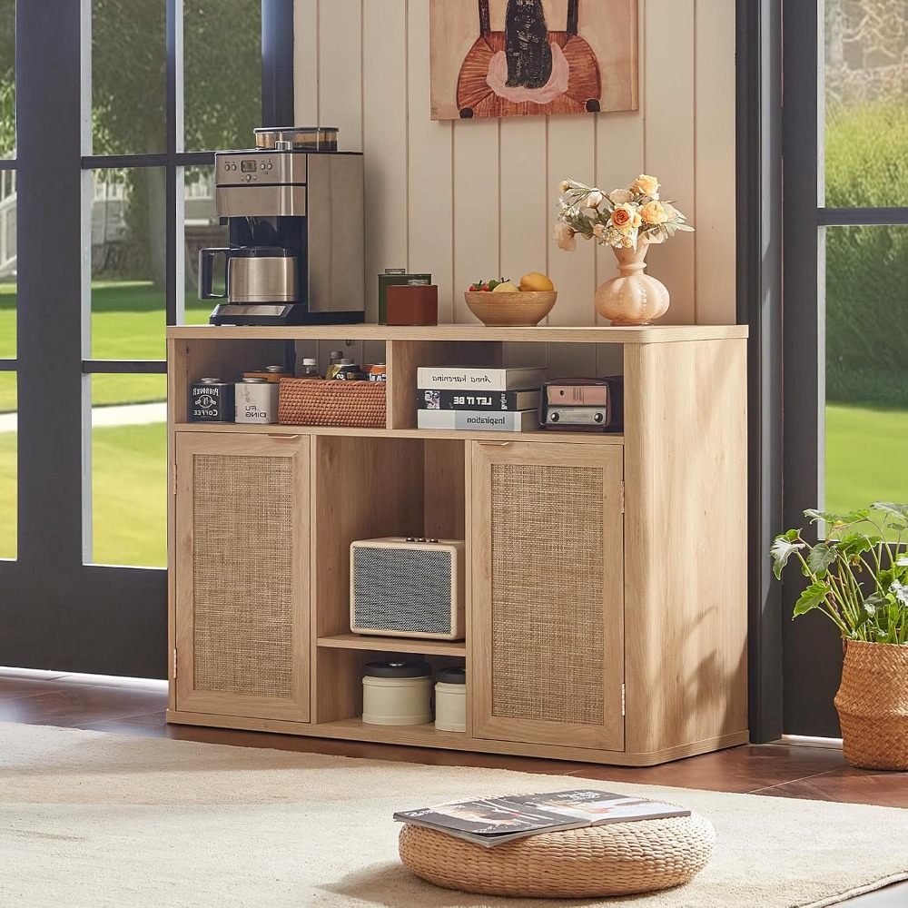 Home Bar And Cabinet - Rattan-Weinschrank mit 2 Türen, Boho-Likörschrank, Weinregale,