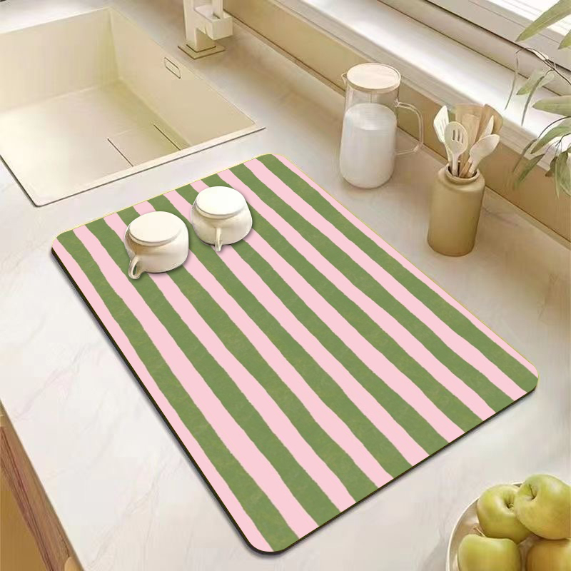 Bar Mat Rubber - Ästhetische Rosa-Grün Gestreifte Küchen-Arbeitsplattenmatte Dekorative Geschirrtrockenmatte