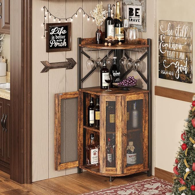 Home Bar And Cabinet - Eck-Barschrank mit Glashalter, Industrieller Weinregal für