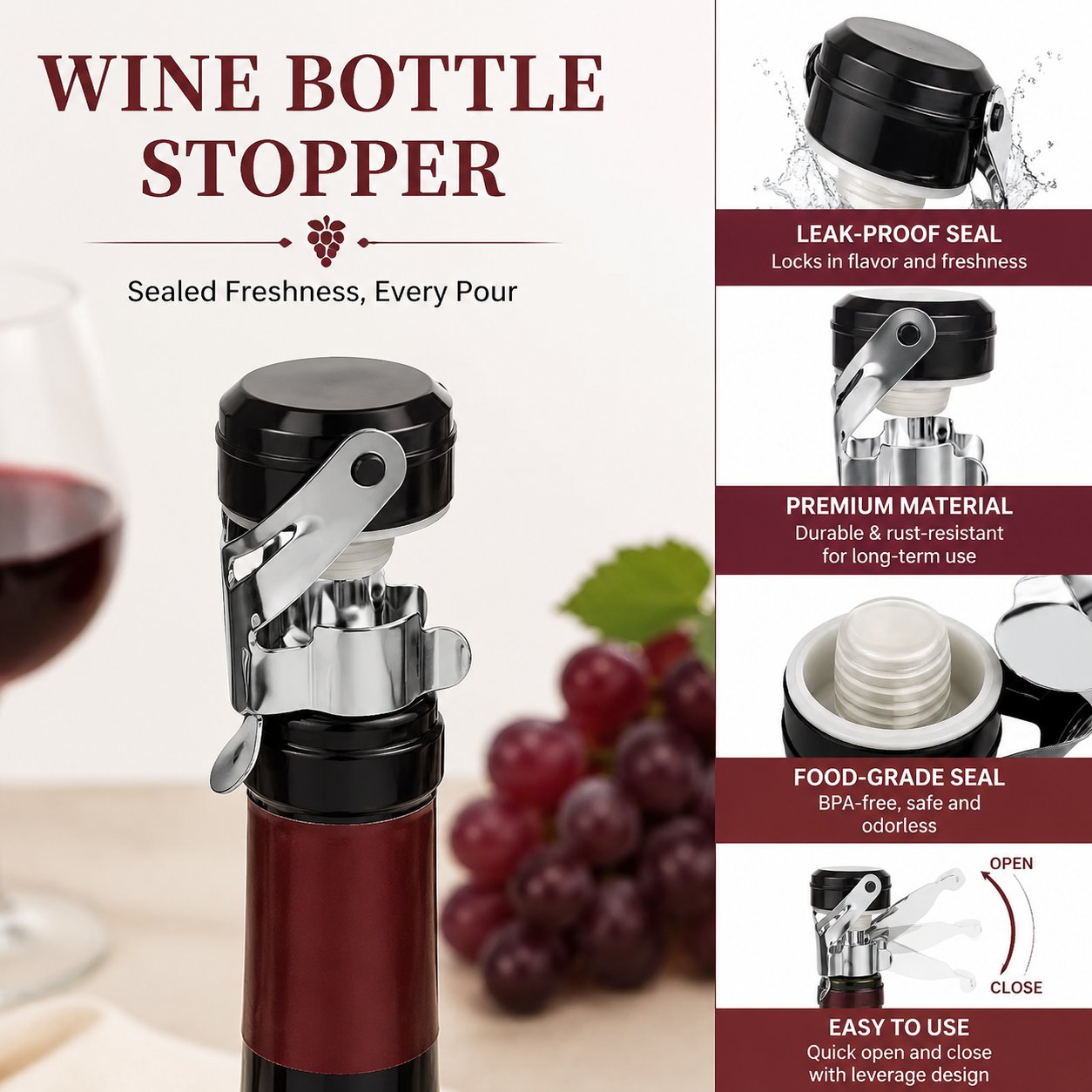 Wine Preservation Pump - Cabilock 3-teiliger Flaschenverschluss aus Edelstahl, Premium-Verschluss